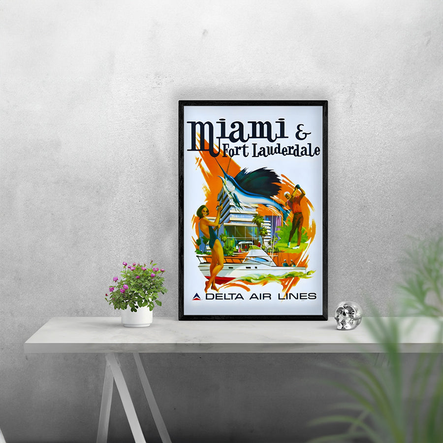 Travel Miami and Ft Lauderdale Delta Airlines Remastered Poster framed in a stylish MDF wood frame, showcasing vibrant colors and a matte finish.