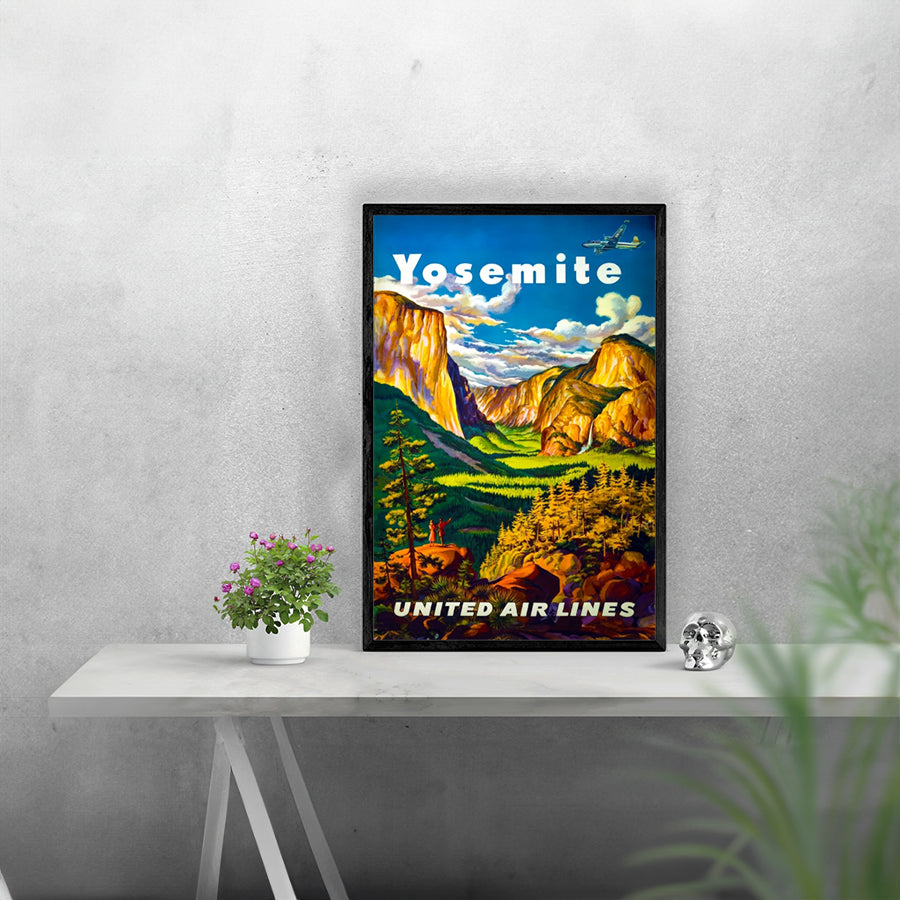 Framed Travel Yosemite via United Airlines poster print showcasing vibrant colors and matte finish, perfect for home decor.