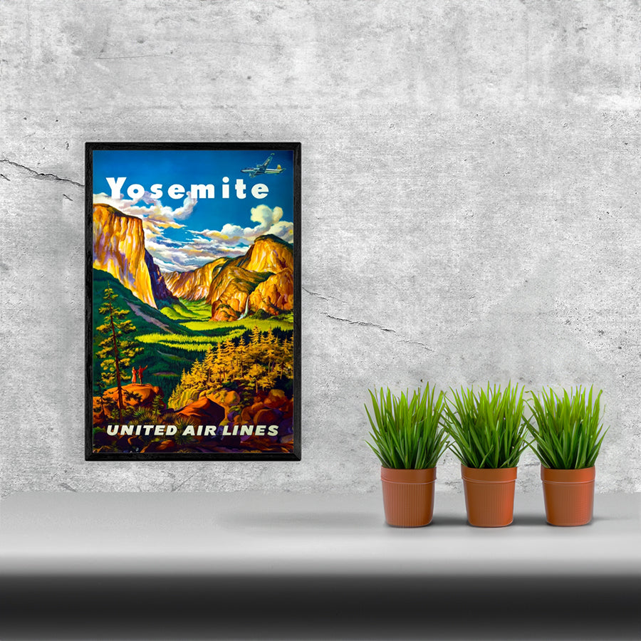 Framed Travel Yosemite via United Airlines poster print showcasing vibrant colors and matte finish, perfect for home decor.