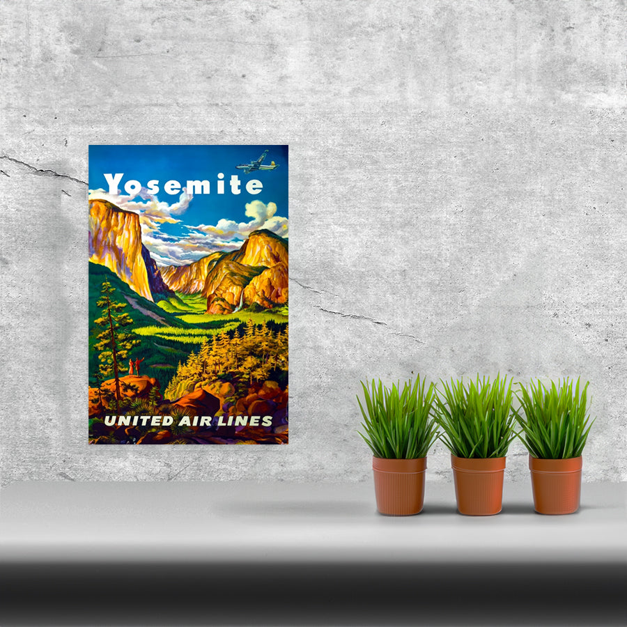 Framed Travel Yosemite via United Airlines poster print showcasing vibrant colors and matte finish, perfect for home decor.