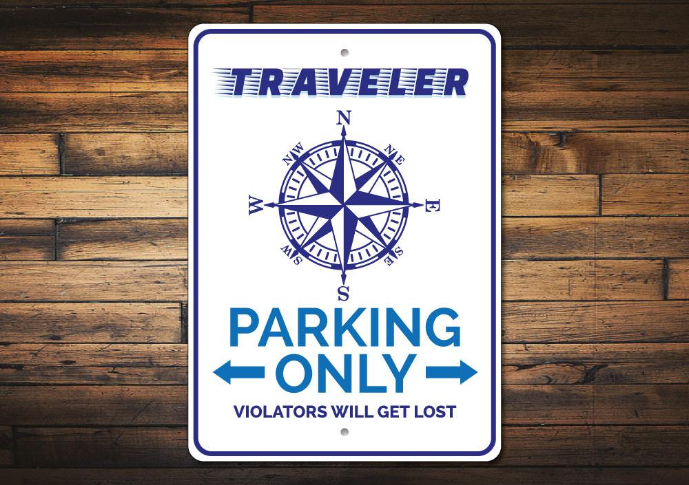 A customizable Traveller Parking Sign made of high-quality aluminum, featuring various designs for different vehicles.