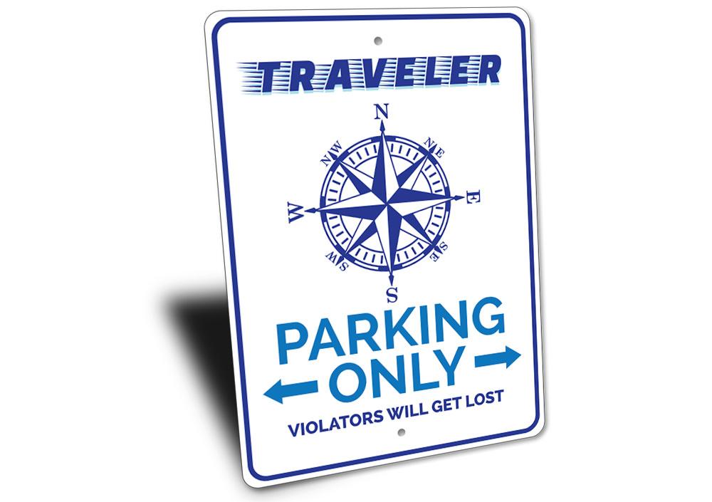 A customizable Traveller Parking Sign made of high-quality aluminum, featuring various designs for different vehicles.