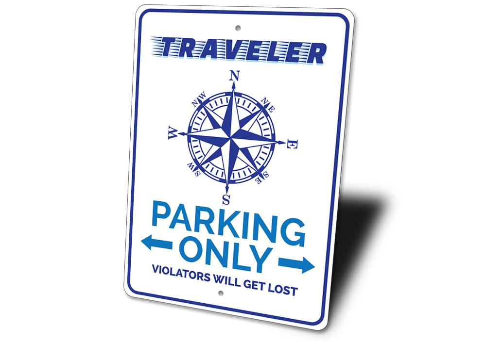 A customizable Traveller Parking Sign made of high-quality aluminum, featuring various designs for different vehicles.