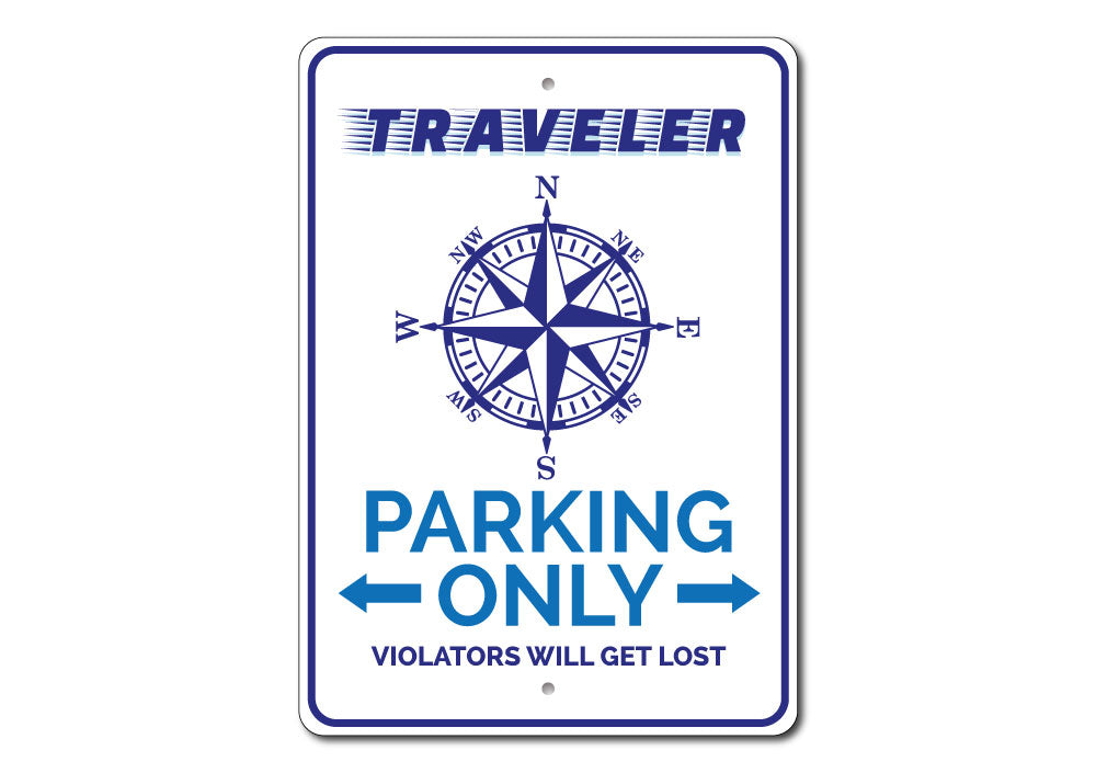 A customizable Traveller Parking Sign made of high-quality aluminum, featuring various designs for different vehicles.