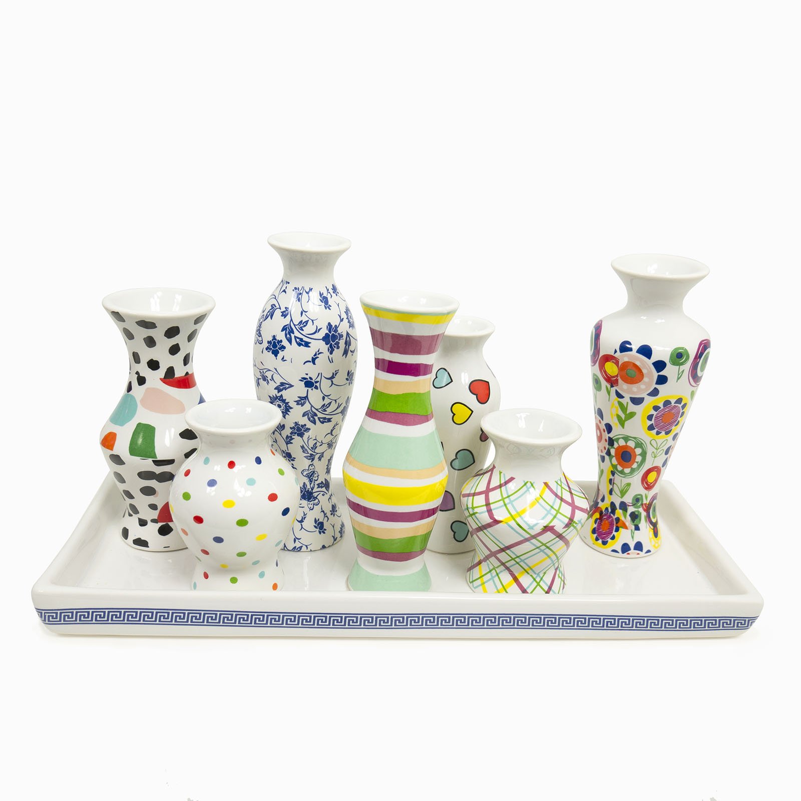 A stylish Tray of Vases featuring seven attached porcelain vases in multicolored and white editions, perfect for home decor.