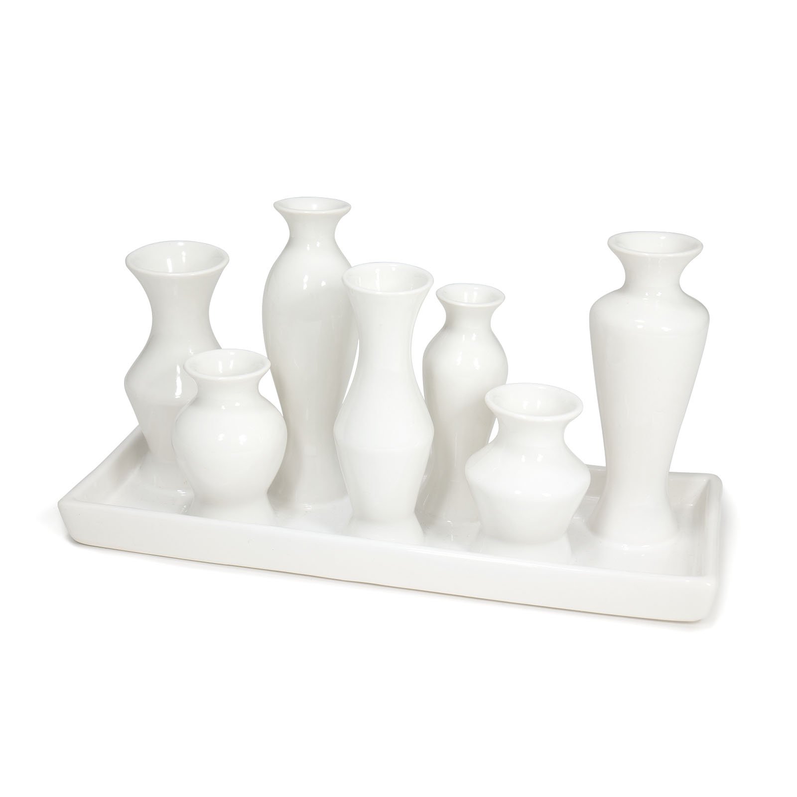 A stylish Tray of Vases featuring seven attached porcelain vases in multicolored and white editions, perfect for home decor.