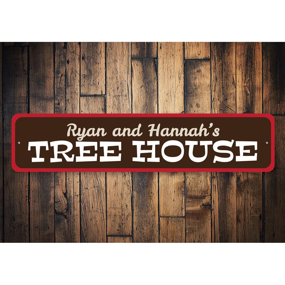 A beautifully crafted Tree House Sign made of aluminum, featuring customizable text, perfect for children's rooms.