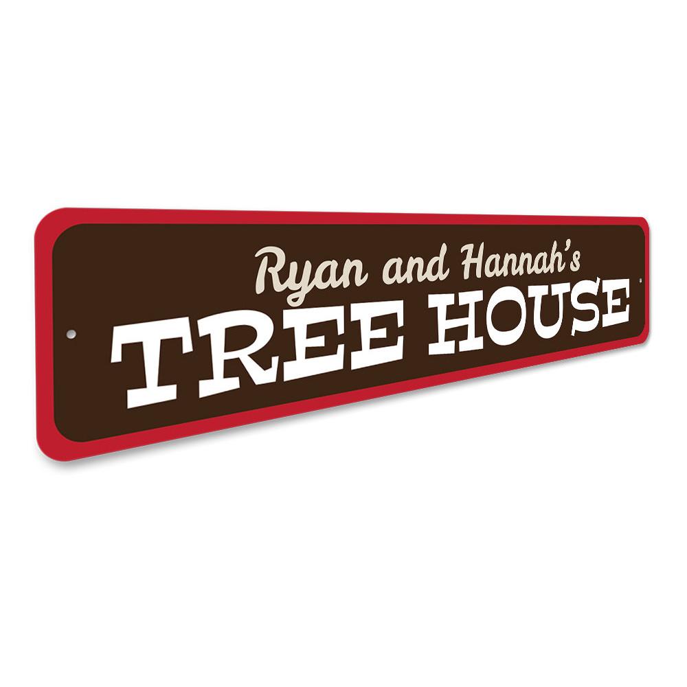 A beautifully crafted Tree House Sign made of aluminum, featuring customizable text, perfect for children's rooms.