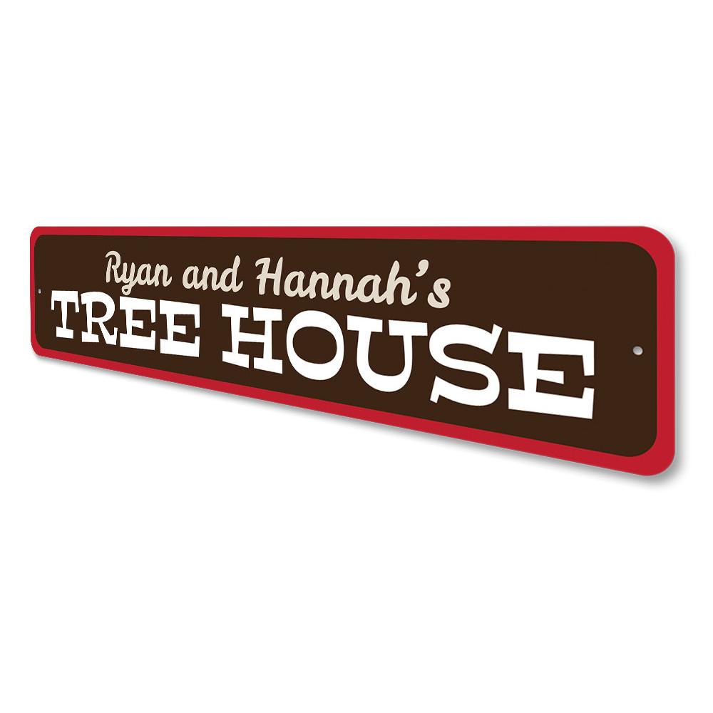 A beautifully crafted Tree House Sign made of aluminum, featuring customizable text, perfect for children's rooms.