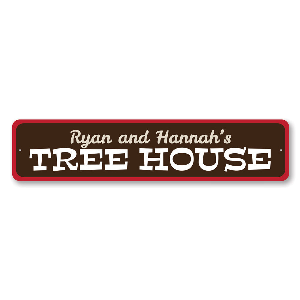 A beautifully crafted Tree House Sign made of aluminum, featuring customizable text, perfect for children's rooms.