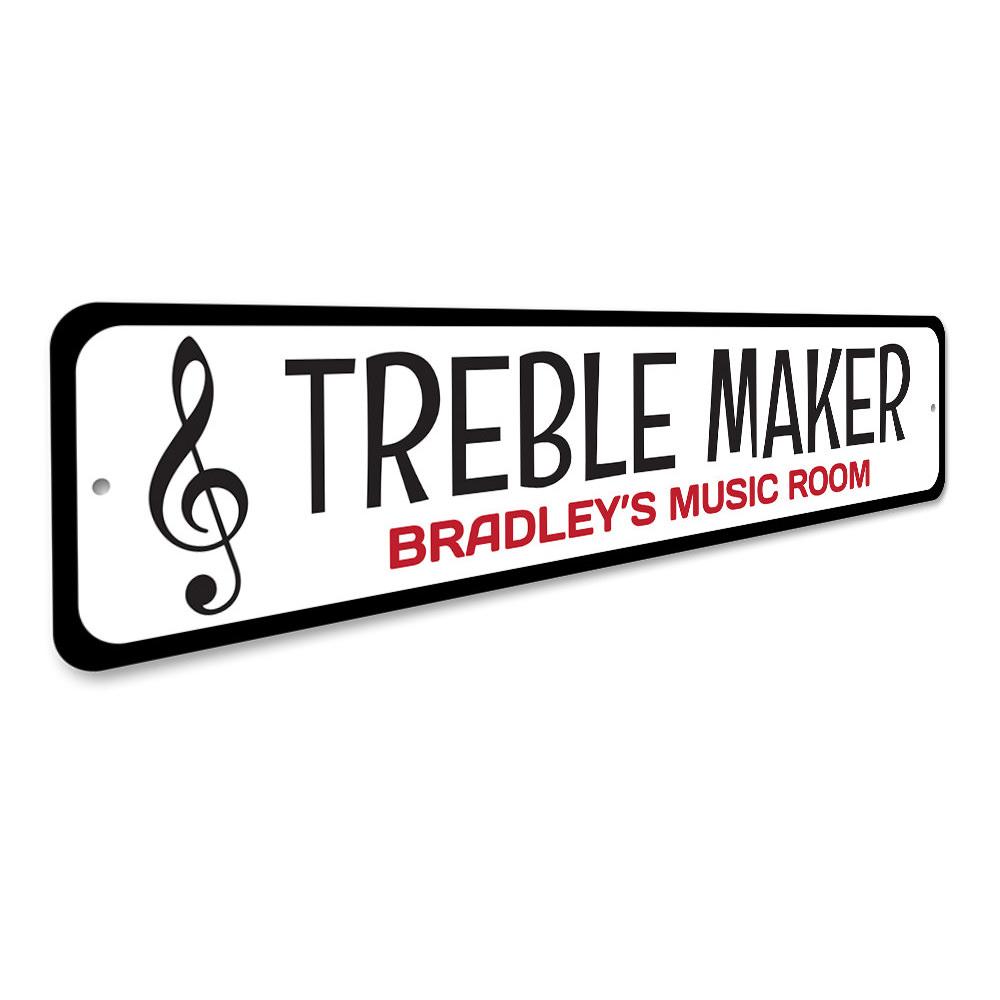 Treble Maker Sign made of high-quality aluminum, featuring customizable text and pre-drilled holes for easy mounting, perfect for home decor.