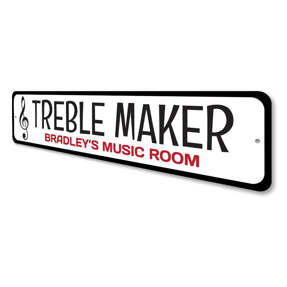 Treble Maker Sign made of high-quality aluminum, featuring customizable text and pre-drilled holes for easy mounting, perfect for home decor.