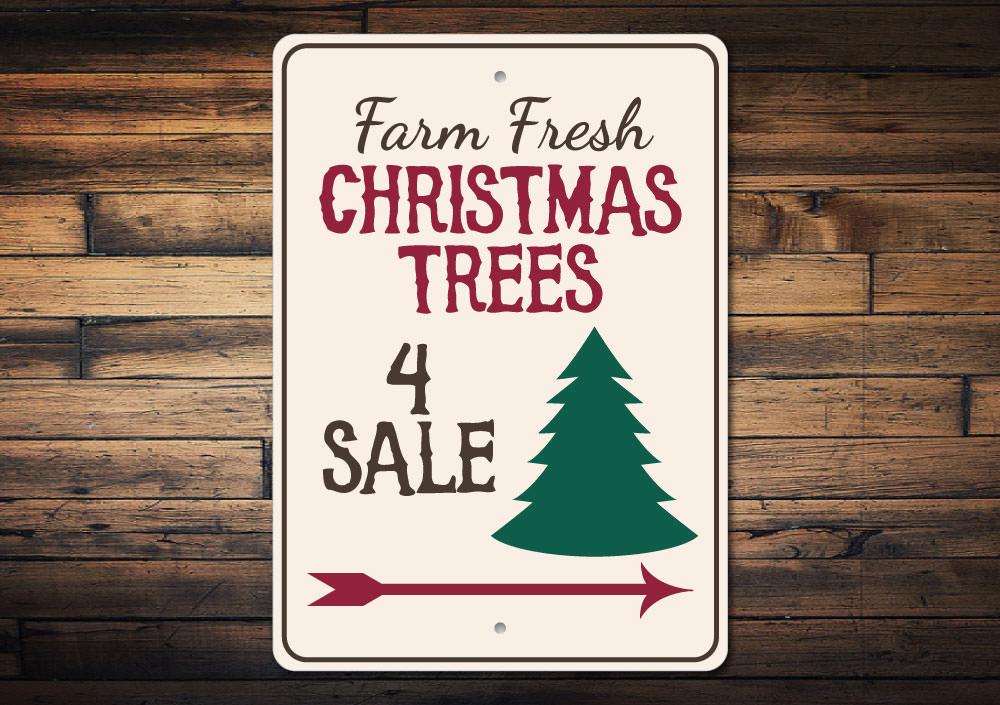 A decorative Trees For Sale Sign made from high-quality aluminum, featuring vibrant colors and a festive design, perfect for holiday decor.