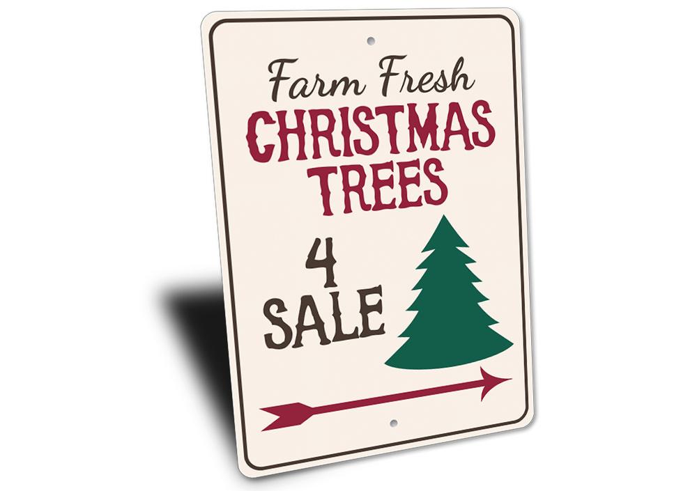 A decorative Trees For Sale Sign made from high-quality aluminum, featuring vibrant colors and a festive design, perfect for holiday decor.