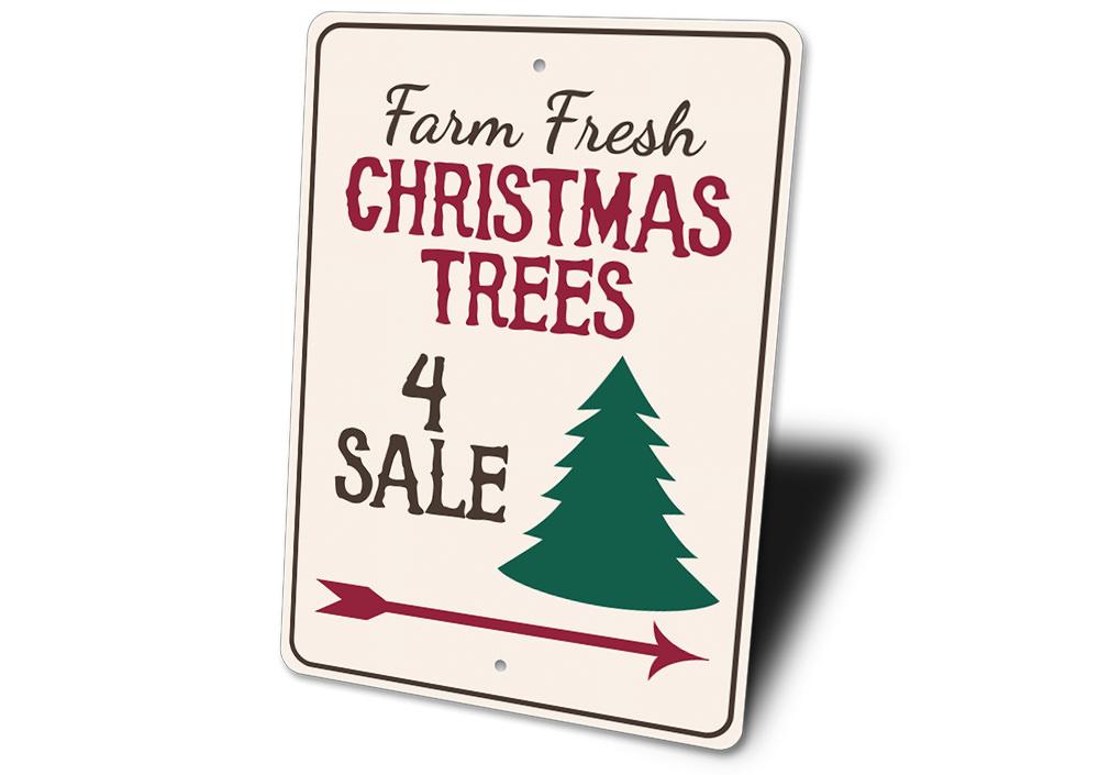 A decorative Trees For Sale Sign made from high-quality aluminum, featuring vibrant colors and a festive design, perfect for holiday decor.