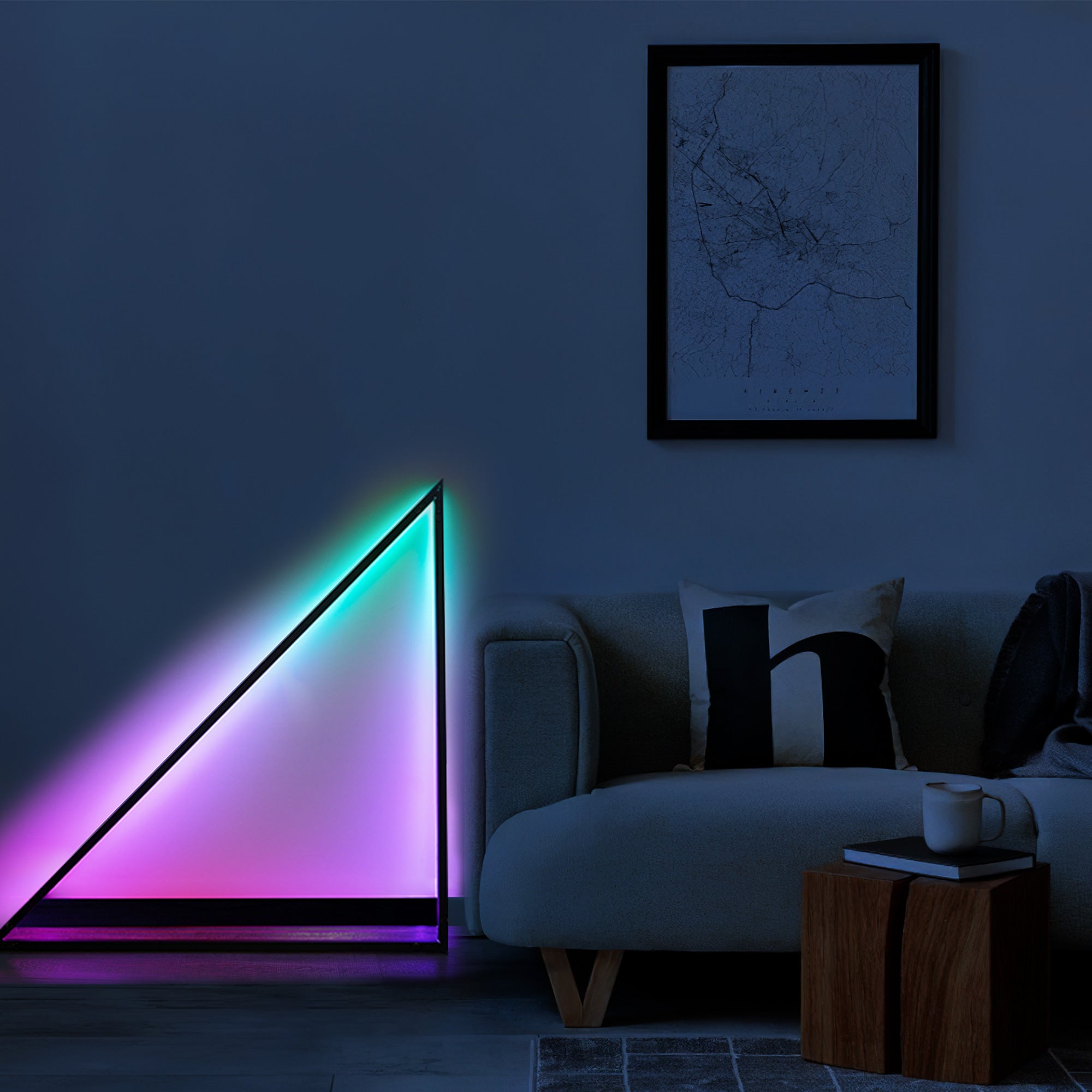 Triangle Music Sync Light in a modern setting, showcasing its sleek design and vibrant color options.