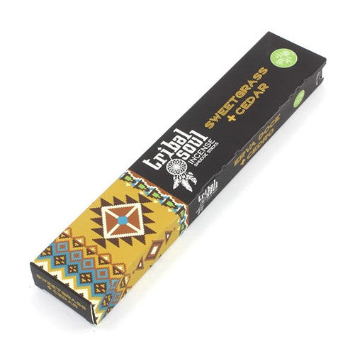 Tribal Soul Incense Sticks featuring Sweet Grass and Cedar, beautifully packaged with a natural aesthetic.