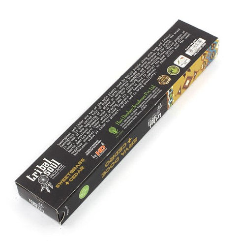 Tribal Soul Incense Sticks featuring Sweet Grass and Cedar, beautifully packaged with a natural aesthetic.