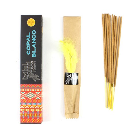 Tribal Soul Incense Sticks - White Copal, featuring a pack of aromatic incense sticks with a natural design, ideal for cleansing and spiritual rituals.