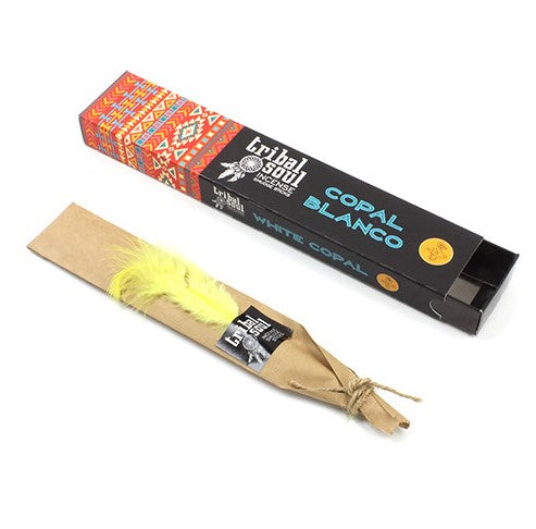 Tribal Soul Incense Sticks - White Copal, featuring a pack of aromatic incense sticks with a natural design, ideal for cleansing and spiritual rituals.