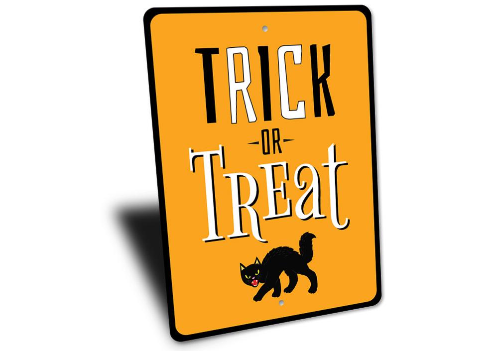 Trick or Treat Black Cat Sign featuring a spooky black cat design, perfect for Halloween decorations.