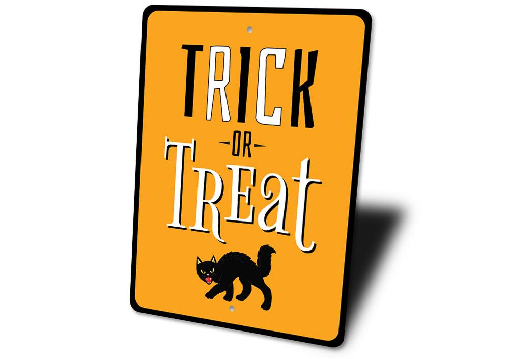 Trick or Treat Black Cat Sign featuring a spooky black cat design, perfect for Halloween decorations.