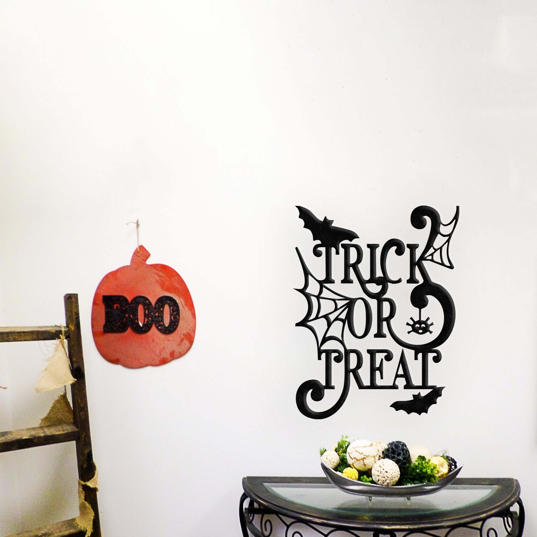 Trick Or Treat Metal Wall Art featuring a festive Halloween design, crafted from high-quality steel with a low gloss finish.