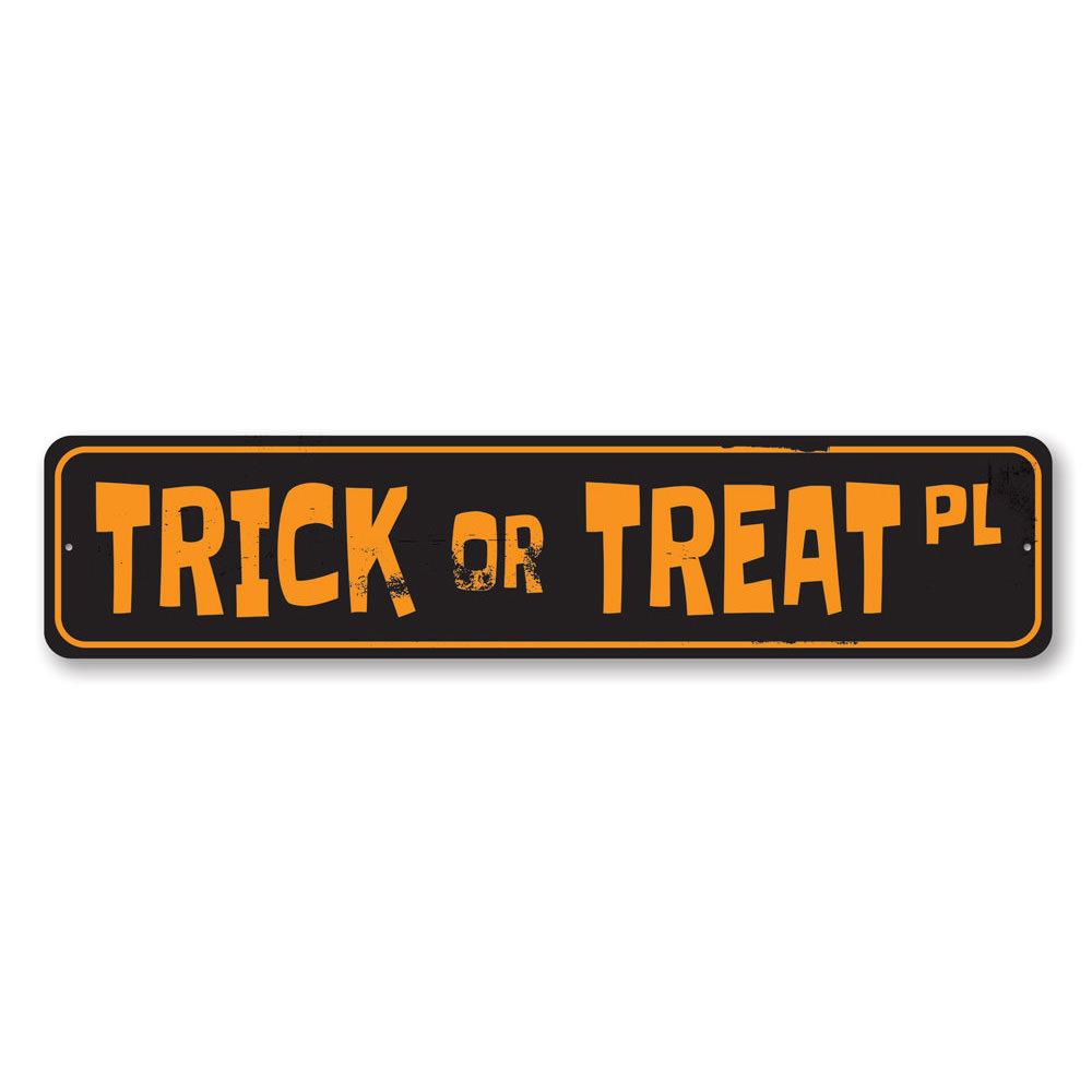 Trick or Treat Street Sign made of aluminum, featuring spooky Halloween-themed design, perfect for home decoration.