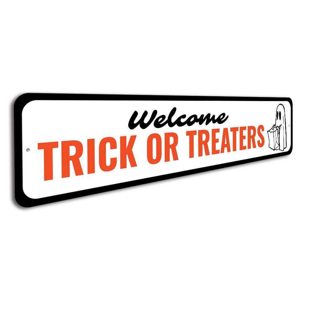 Trick or Treating Porch Sign made of durable aluminum, featuring festive Halloween designs and pre-drilled holes for easy mounting.