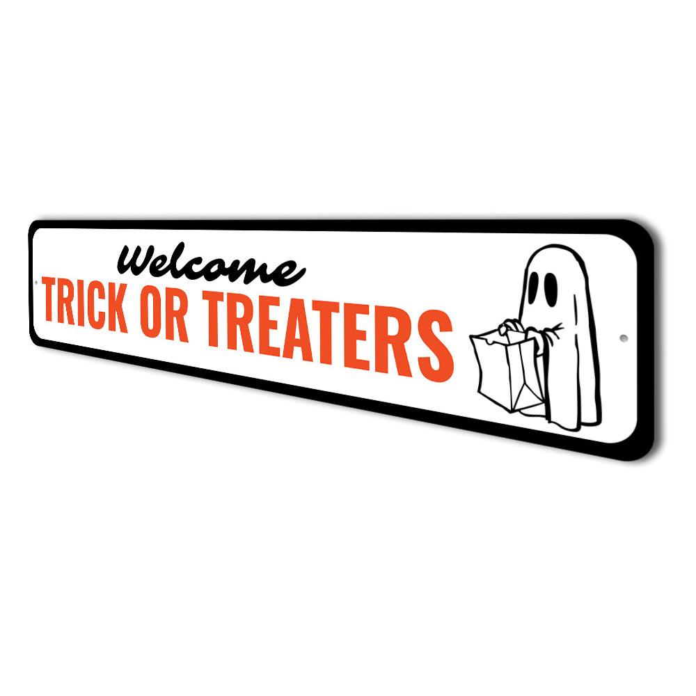 Trick or Treating Porch Sign made of durable aluminum, featuring festive Halloween designs and pre-drilled holes for easy mounting.