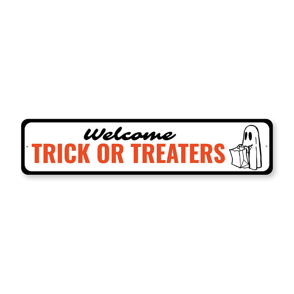 Trick or Treating Porch Sign made of durable aluminum, featuring festive Halloween designs and pre-drilled holes for easy mounting.