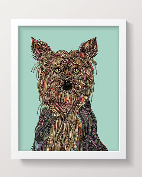 Art print of Trixie the Yorkshire Terrier, showcasing vibrant colors and detailed features, perfect for dog lovers.