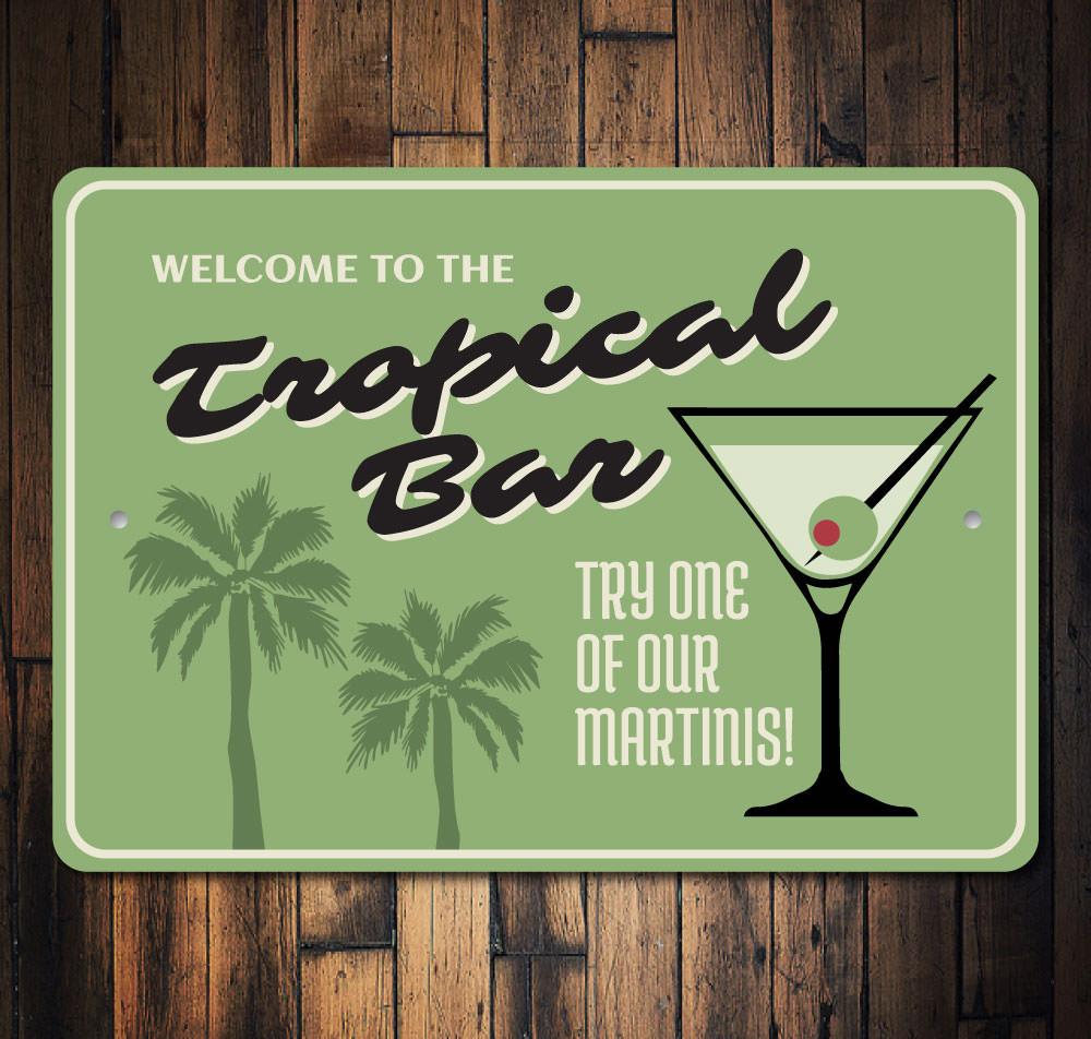 A vibrant Tropical Bar Sign made of durable aluminum, featuring beach-themed graphics and customizable text, perfect for coastal decor.