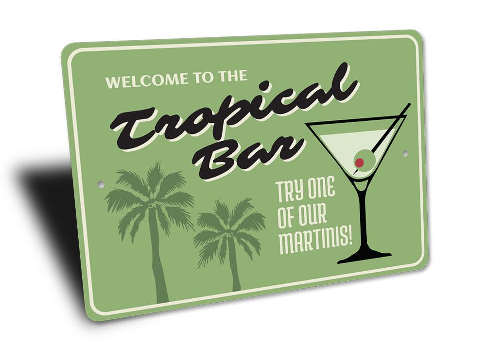 A vibrant Tropical Bar Sign made of durable aluminum, featuring beach-themed graphics and customizable text, perfect for coastal decor.