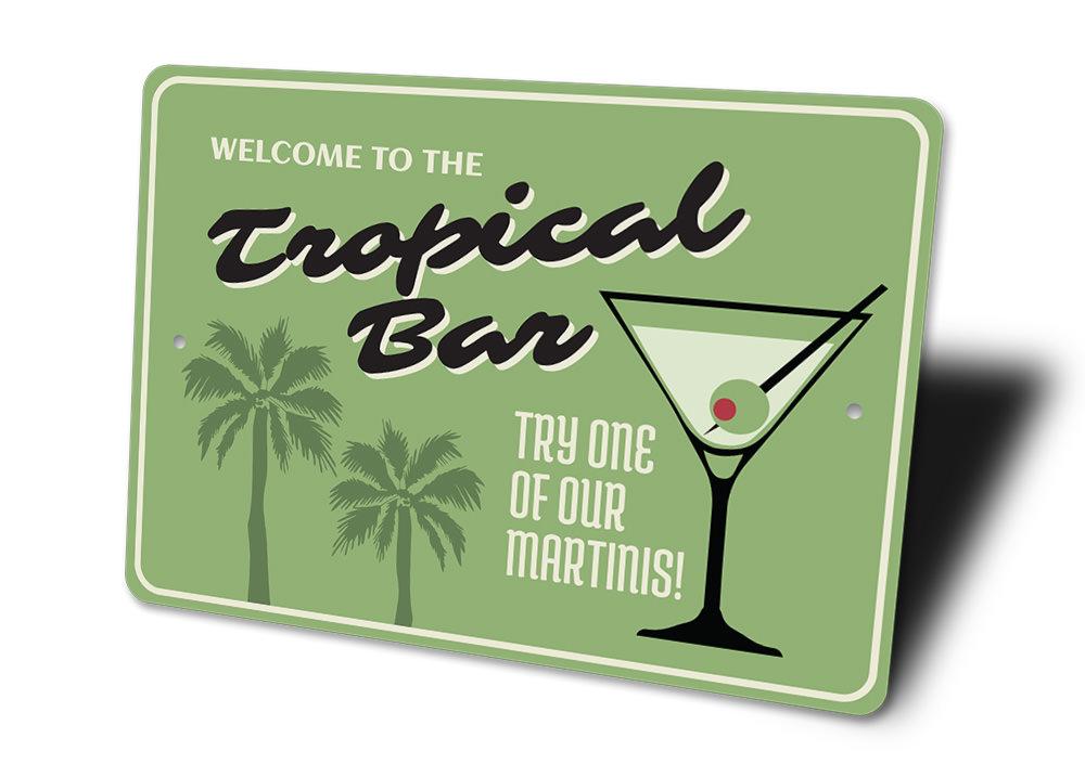 A vibrant Tropical Bar Sign made of durable aluminum, featuring beach-themed graphics and customizable text, perfect for coastal decor.