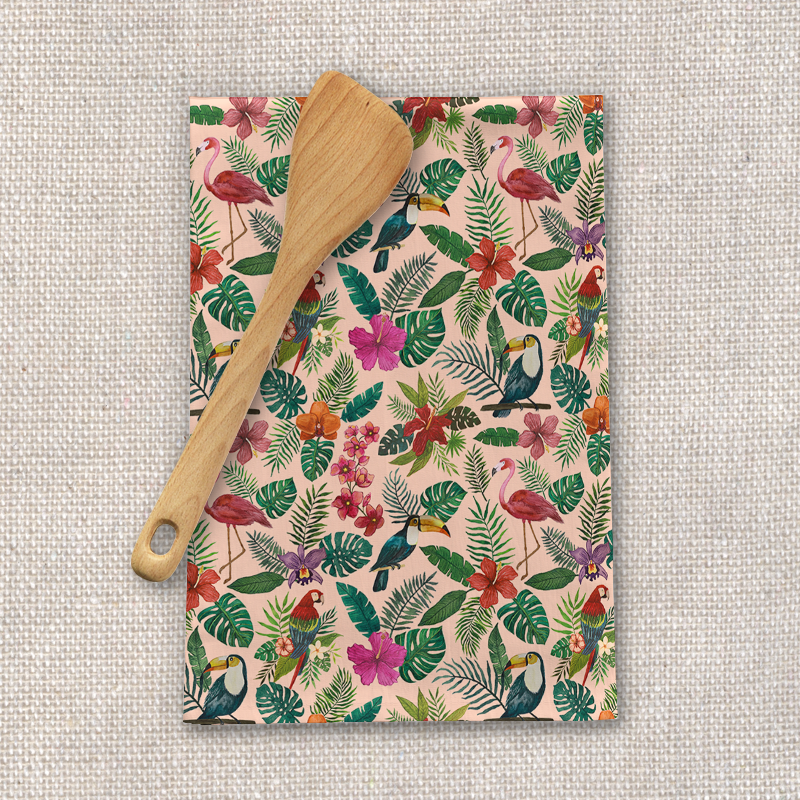 A colorful Tropical Bird Tea Towel featuring vibrant bird designs on a cotton twill fabric, perfect for kitchen use.