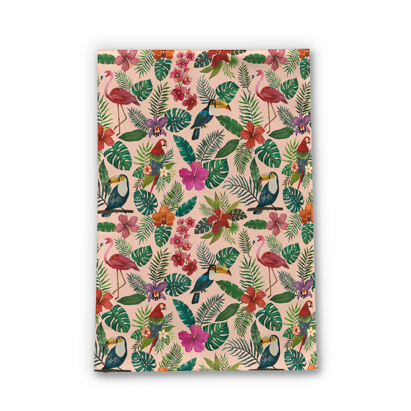 A colorful Tropical Bird Tea Towel featuring vibrant bird designs on a cotton twill fabric, perfect for kitchen use.