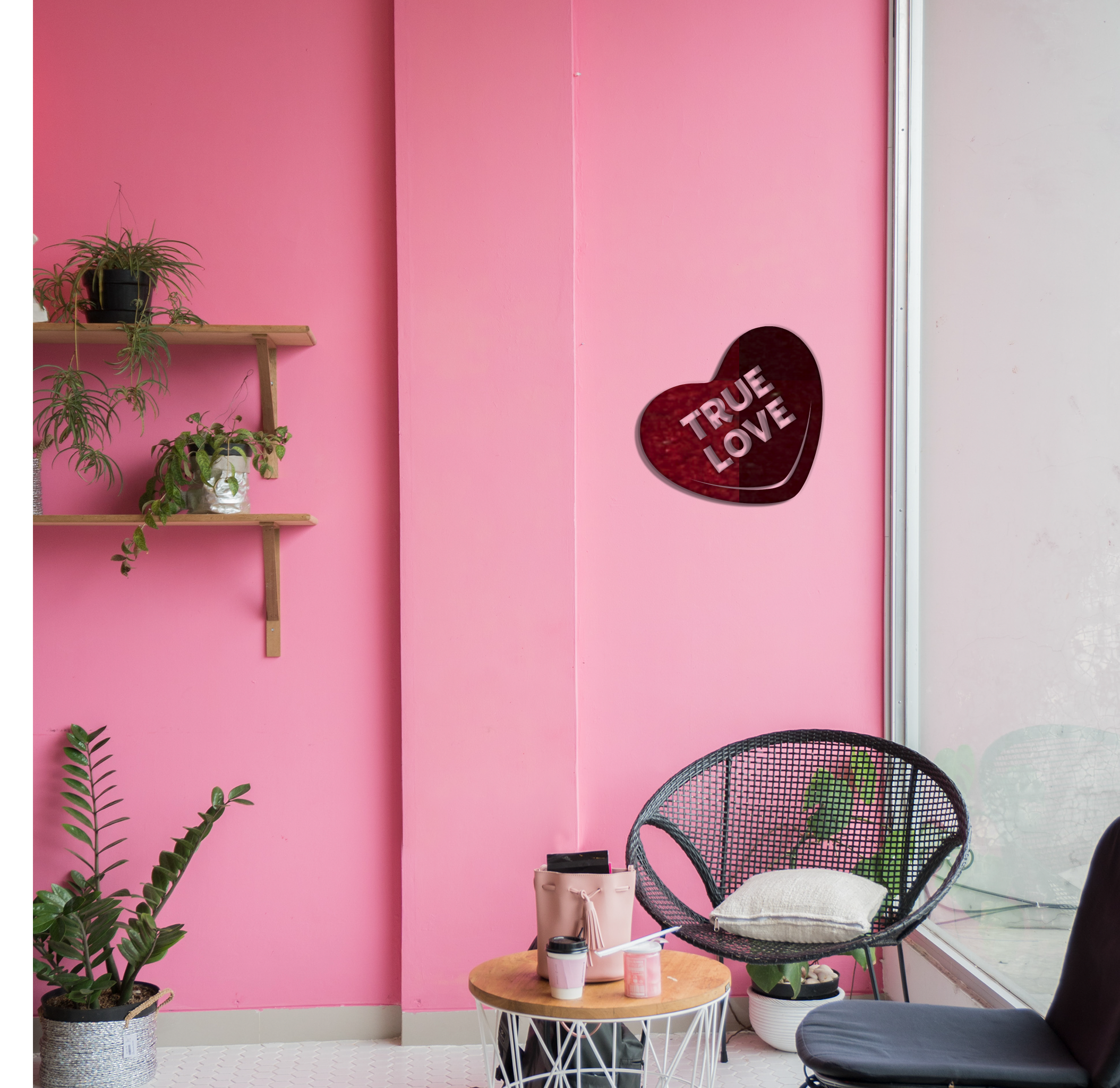 True Love Candy Heart Metal Wall Art in a vibrant red finish, showcasing a heart shape with the words 'True Love' elegantly designed.