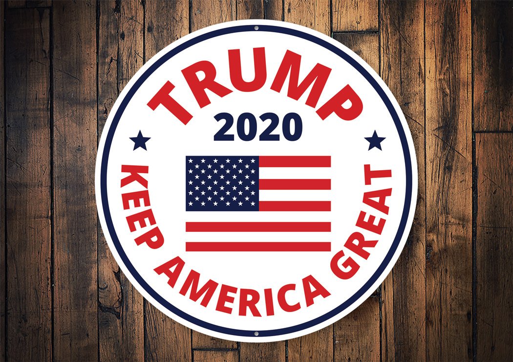 Trump 2020 Flag Sign made of high-quality aluminum, featuring vibrant colors and pre-drilled holes for easy mounting.