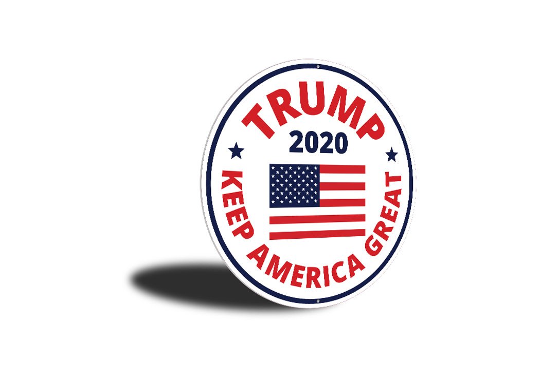 Trump 2020 Flag Sign made of high-quality aluminum, featuring vibrant colors and pre-drilled holes for easy mounting.