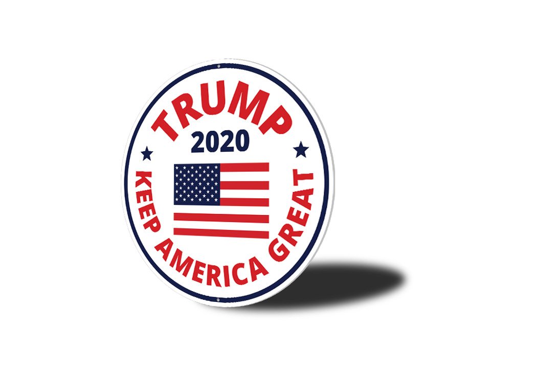 Trump 2020 Flag Sign made of high-quality aluminum, featuring vibrant colors and pre-drilled holes for easy mounting.