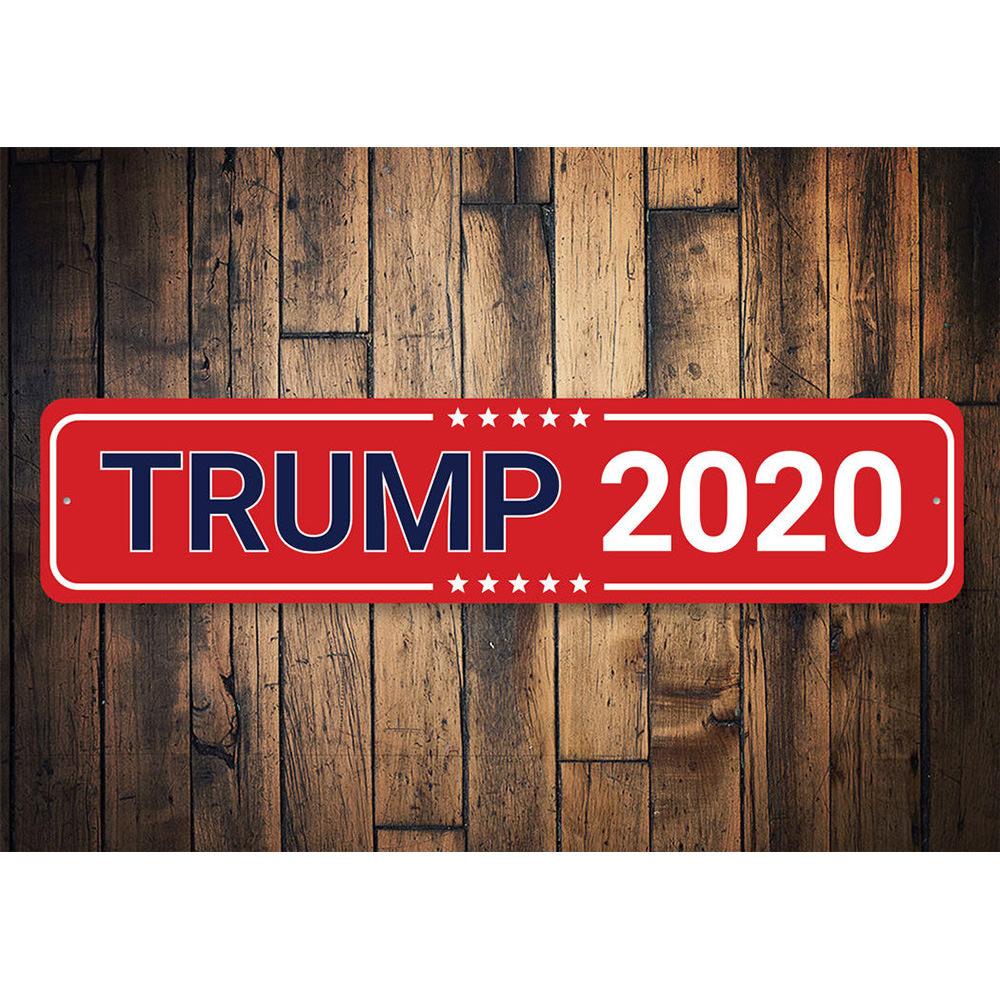 Trump 2020 sign made of high-quality aluminum, featuring customizable text and pre-drilled holes for easy mounting.