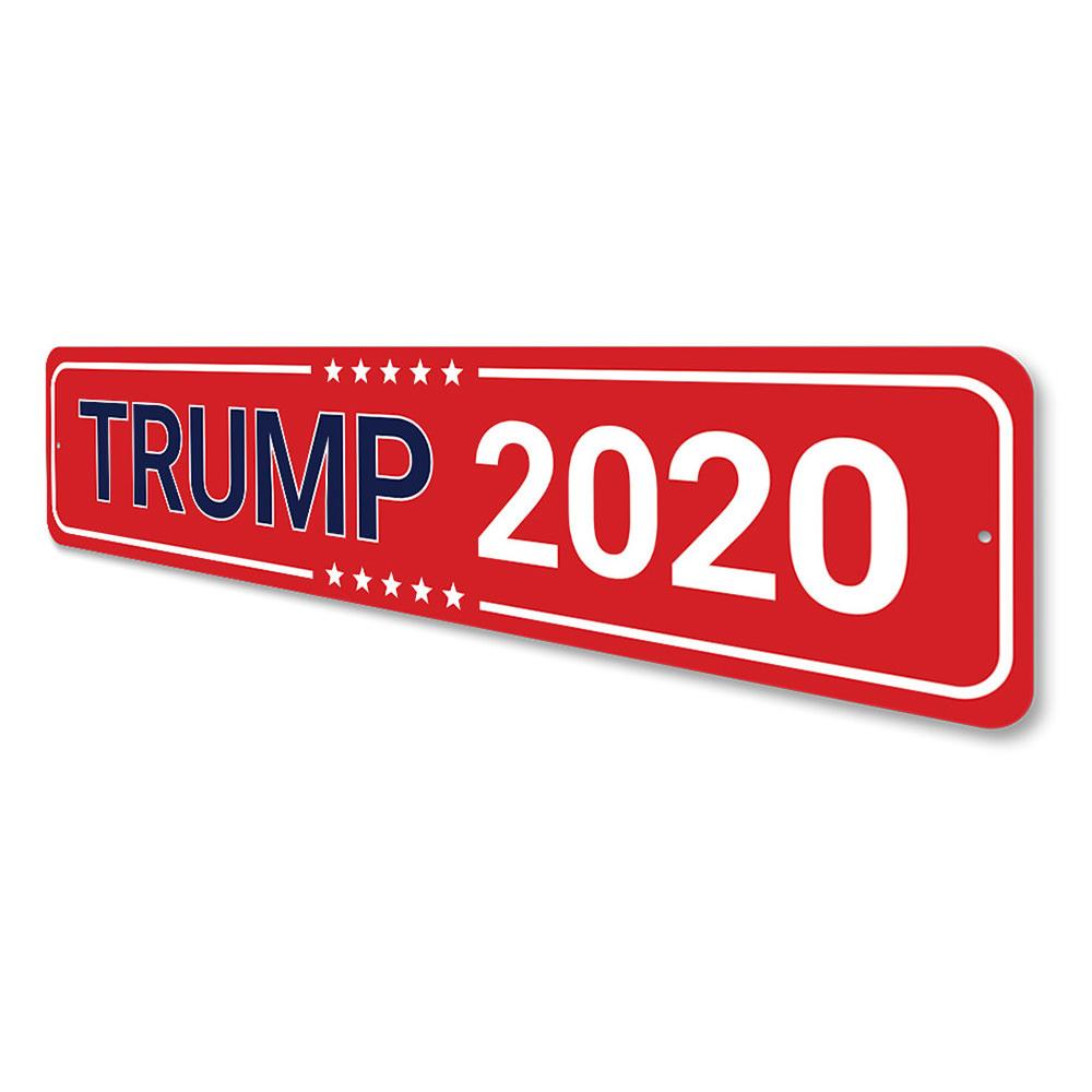 Trump 2020 sign made of high-quality aluminum, featuring customizable text and pre-drilled holes for easy mounting.