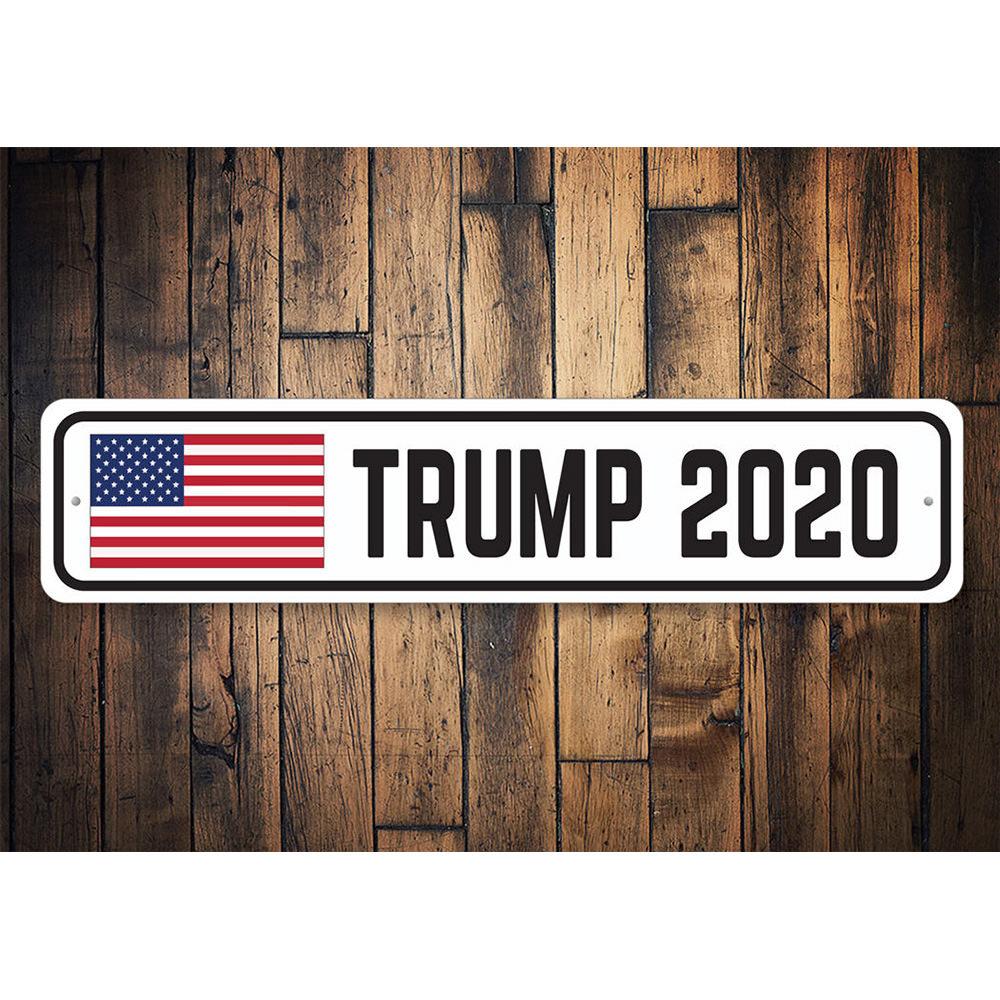 Trump 2020 USA Flag Sign made of durable aluminum, featuring vibrant colors and customizable text options, perfect for political enthusiasts.