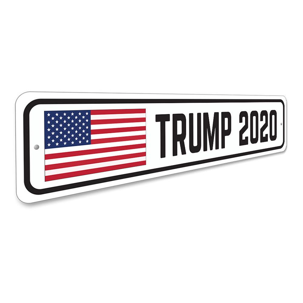 Trump 2020 USA Flag Sign made of durable aluminum, featuring vibrant colors and customizable text options, perfect for political enthusiasts.