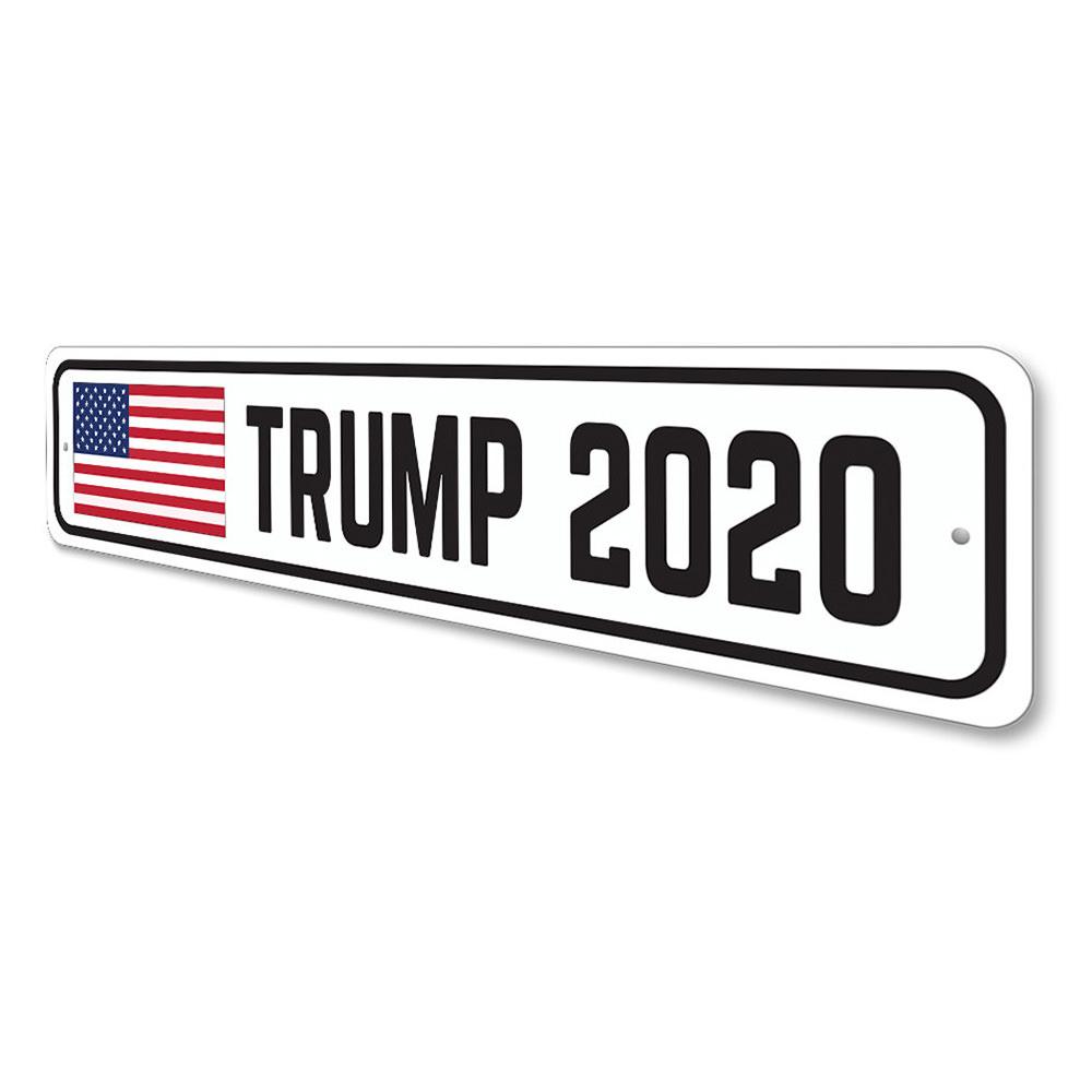 Trump 2020 USA Flag Sign made of durable aluminum, featuring vibrant colors and customizable text options, perfect for political enthusiasts.