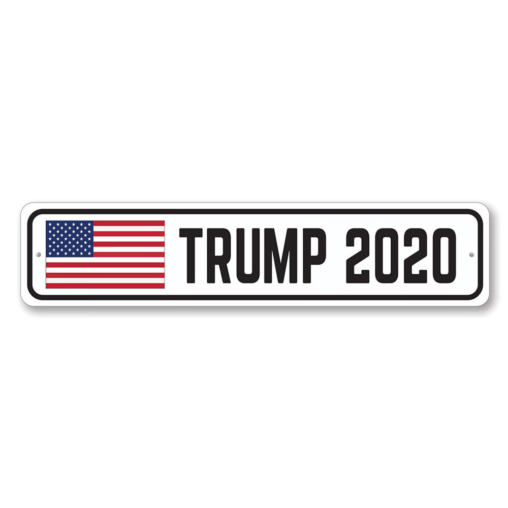 Trump 2020 USA Flag Sign made of durable aluminum, featuring vibrant colors and customizable text options, perfect for political enthusiasts.