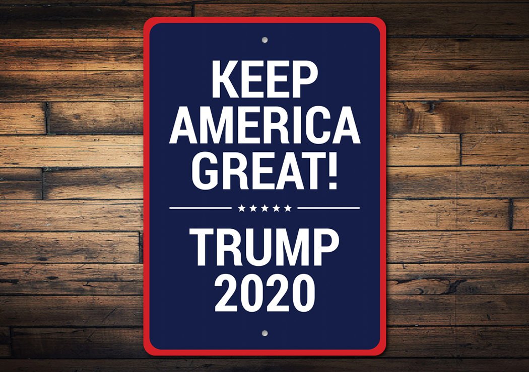 A vibrant Trump Slogan Sign made of high-quality aluminum, showcasing patriotic colors and customizable text options.