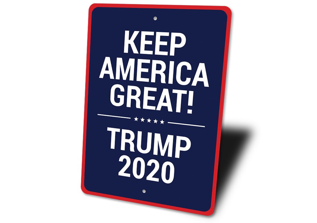 A vibrant Trump Slogan Sign made of high-quality aluminum, showcasing patriotic colors and customizable text options.