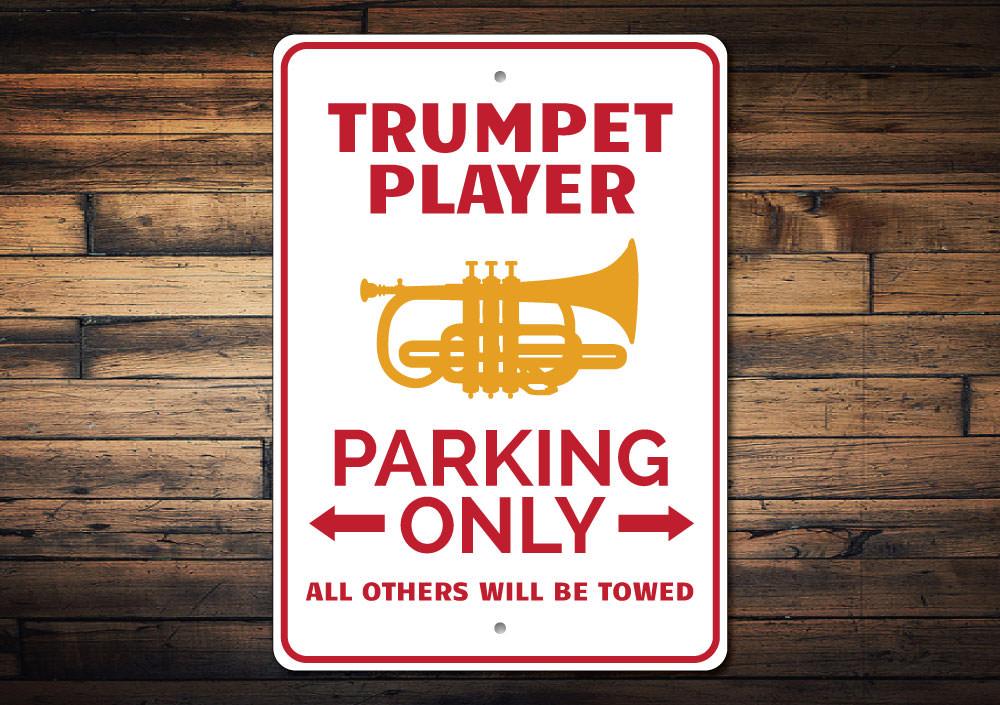 A vibrant Trumpet Parking Sign made of durable aluminum, featuring a unique design for reserving parking spaces.